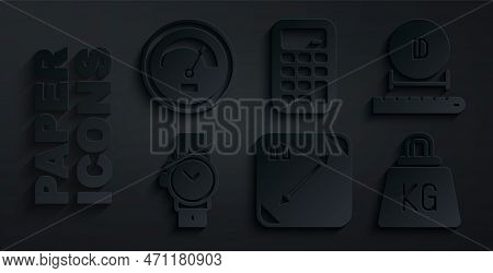 Set Diagonal Measuring, Diameter, Wrist Watch, Weight, Calculator And Speedometer Icon. Vector