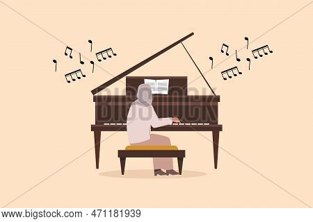 Business Flat Cartoon Style Character Drawing Arab Woman Playing Piano. Female Performer Sitting At 