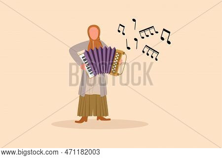 Business Design Drawing Arab Woman Musician Playing Accordion. Female Performer Plays Acoustic Music
