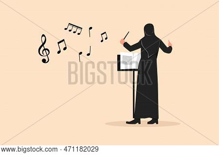 Business Flat Cartoon Style Character Drawing Back View Arab Woman Conductor Performing On Stage, Fe