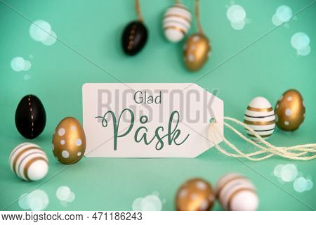 Golden Easter Egg Decoration. Label With Glad Pask Means Happy Easter