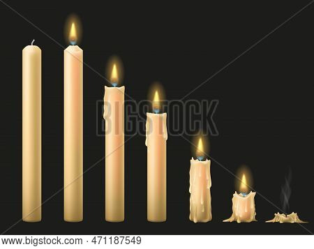 Set Of Candles On A Dark Background. From Unlit To Burnt Out.