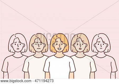 Woman In Great Mood Stands Among Doubles Who Are Depressed Due To Stress Or Problem. Concept Frequen