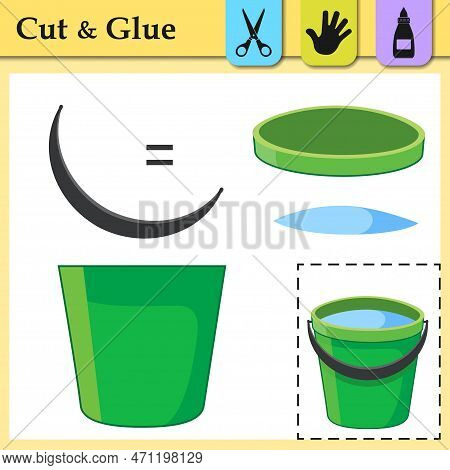 Paper Game With Buckets Filled Water For Garden Or Cleaning House. Create The Applique Of Plastic Pa