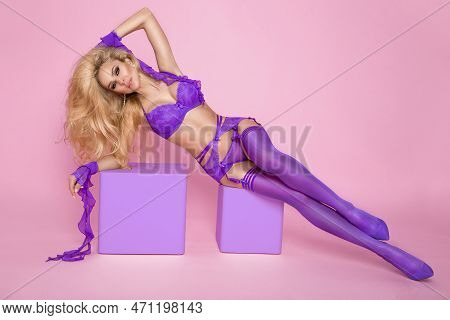 Sexy Girl In Erotic Lingerie On Pink Background. Beautiful Happy Young Woman In Elegant Lingerie. Li