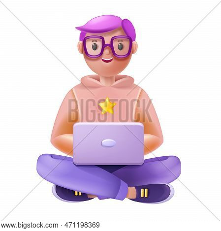 3d Kid Online, Vector School Remote Education Concept, Cartoon Sitting Boy Doing Homework, Laptop. T