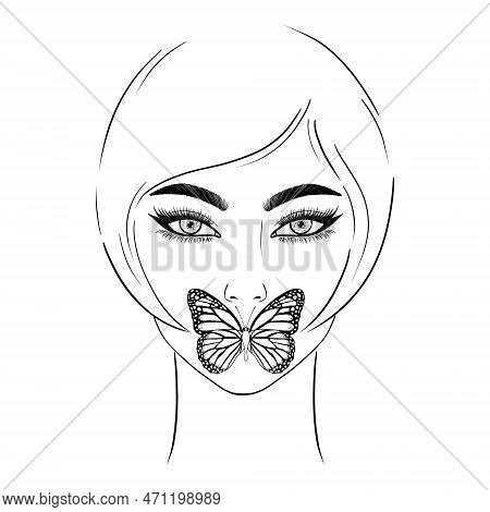 Woman Face And Butterfly On Her Lips. Fashion Illustration.