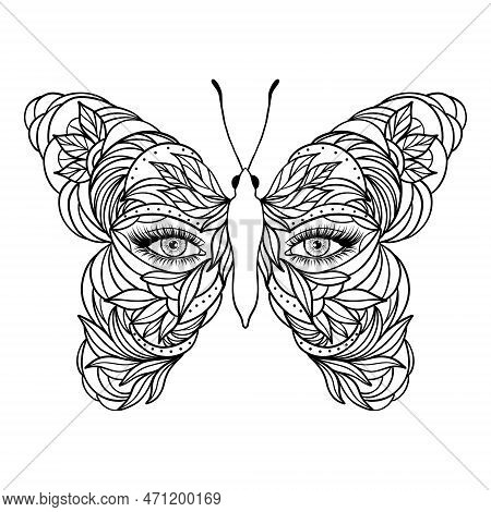 Butterfly With Female Eyes. Vector Illustration In Doodle Style.