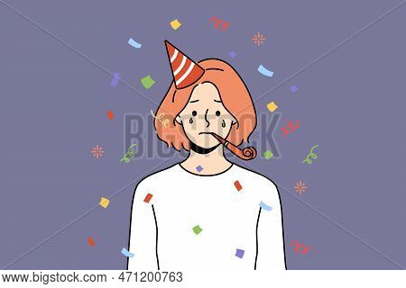 Unhappy Woman In Birthday Hat Blow In Whistle Celebrate Anniversary Alone. Upset Girl Feel Lonely An