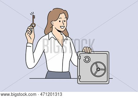 Smiling Businesswoman With Key Standing Near Strongbox. Happy Female Employee Open Safe. Vector Illu