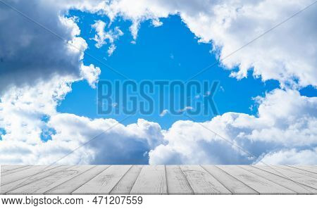 White Wood Table Top With Blue Sky And Clouds Background,empty Wooden Table Texture On Sky With Free