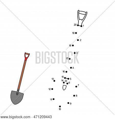 Cartoon Metal Farmer Shovel With Wooden Handle. Dot To Dot Game. Connect The Dots By Numbers And Fin
