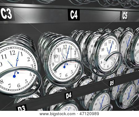 Many clocks in a vending machine to illustrate the importance and fleeting nature of time and the desire to buy more and make a moment last longer