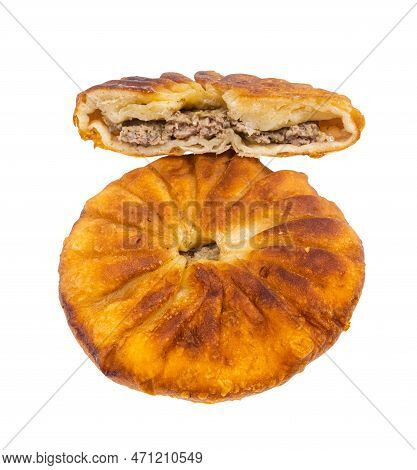Tatar Cuisine - One And Half Peremech ( Fried Pastry Stuffed With Minced Meat) Isolated On White Bac