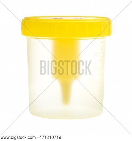 Side View Of Empty Plastic Container For Collecting Medical Urine Test Isolated On White Background
