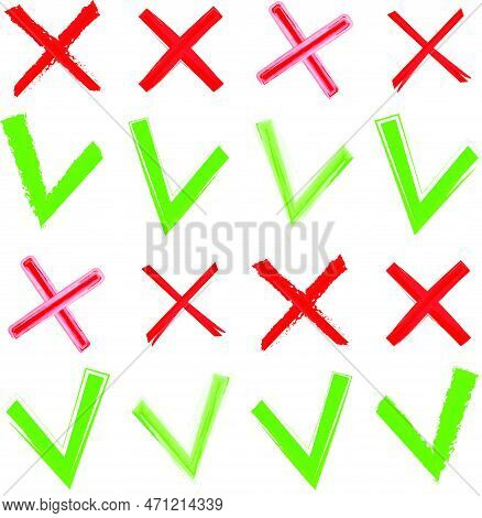 Red Cross And Green Tick Vector Set. Yes And No Icons For Websites And Applications. Right And Wrong