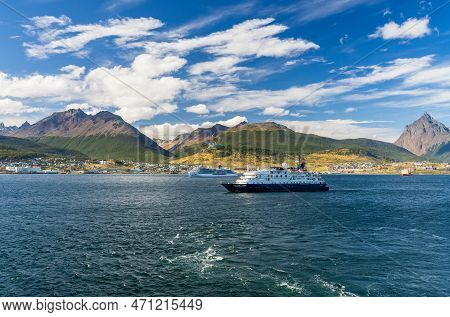 Ushuaia, Argentina - 28 January 2023: Hebridean Sky Expedition Cruise Ship At Anchor In Bay