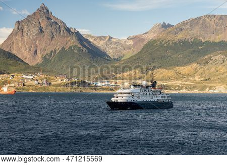 Ushuaia, Argentina - 28 January 2023: Hebridean Sky Expedition Cruise Ship At Anchor In Bay