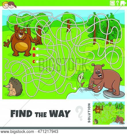 Cartoon Illustration Of Find The Way Maze Puzzle Game With Bears Animal Characters