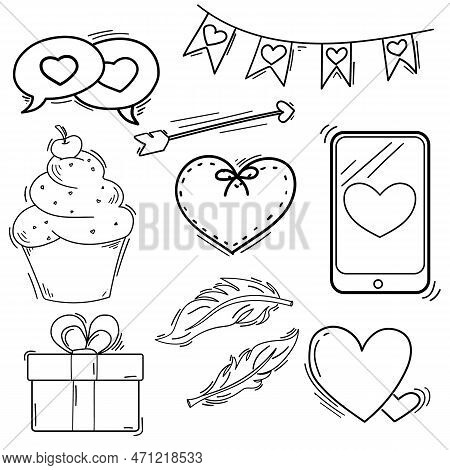 Love Romantic Doodle Line Art Illustration. Hand Drawn Vector Clip Art. Banner Set Logos.