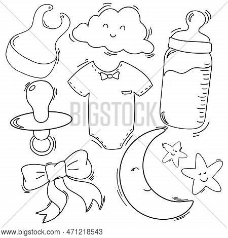 Set Of Newborn Baby Doodle Vector Illustration Isolated On White Background