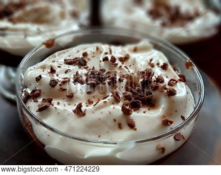 Delicious Dessert, Chocolate Cake, Mousse With Whipped Cream, Pieces Of Chocolate And Strawberries, 