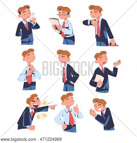 Businessman Showing Various Emotions And Gesturing Set Cartoon Vector Illustration