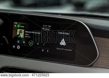 Moscow, Russia - December 18, 2021 Android Auto On The Screen. Homescreen. Modern Car. Interior Clos