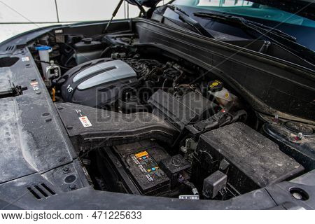 Moscow, Russia - December 18, 2021 Hyundai Palisade (lx2) Engine. Suv Car With Open Hood. Car Engine