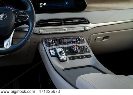 Moscow, Russia - December 18, 2021 Hyundai Palisade (lx2), Interior View. Luxury Crossover Suv. Cent