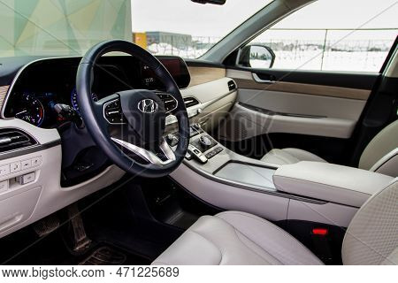 Moscow, Russia - December 18, 2021 Hyundai Palisade (lx2), Interior View. Luxury Crossover Suv. Cent