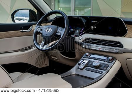 Moscow, Russia - December 18, 2021 Hyundai Palisade (lx2), Interior View. Luxury Crossover Suv. Cent