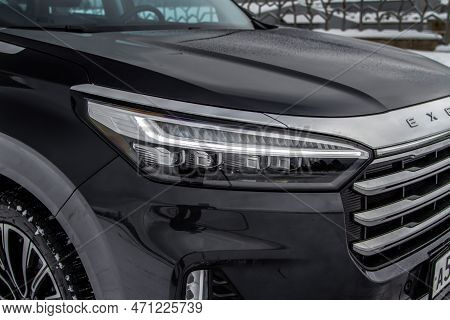 Moscow, Russia - December 18, 2021 Exeed Vx Also Called Lanyue Model Headlight Lamp. Close Up Detail