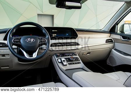 Moscow, Russia - December 18, 2021 Hyundai Palisade (lx2), Interior View. Full-size Modern Crossover