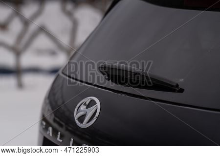 Moscow, Russia - December 18, 2021 Hyundai Palisade Lx2 Car Rear Window. A Car Wiper Cleans The Rear