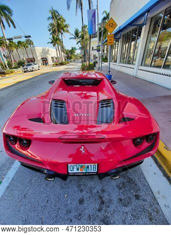 Los Angeles, California Usa - March 24, 2021: Red Ferrari F8 Tributo Luxury Car Supercar Back View.