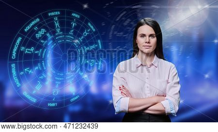 Portrait Of Young Woman, On Background With Astrological Symbols