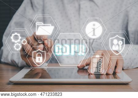 Gdpr, General Data Protection Regulation Concept, Person Using Digital Tablet On Office Desk With En