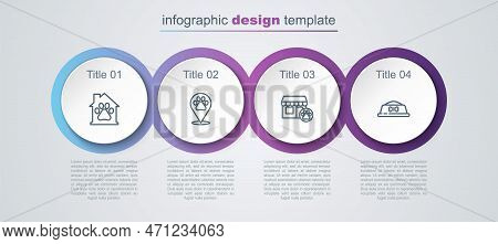 Set Line Pet House, Location Veterinary, Veterinary Hospital And Food Bowl. Business Infographic Tem
