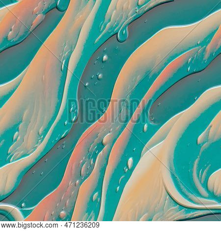 Waves 3d Seamless Pattern. Textured Emboss Ornamental Waves And Drops Vector Background. Repeat Surf