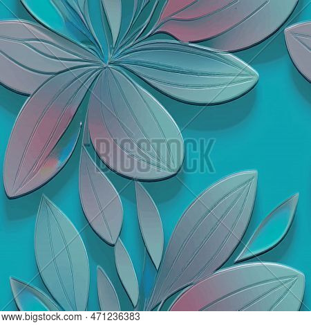 Lotus Flowers Textured 3d Seamless Pattern. Floral Embossed Vector Blue Background. Grunge Ornate Tr