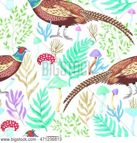 Seamless Pattern With Colorful Fairy Mushrooms And Peasant Birds. Vector Hand-drawn Illustration