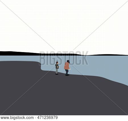 Mother With Son Walk Along The Sea Shore. Having Great Family Time On Vacation. Travel Lifestyle, Pa