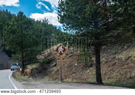 Colorado Springs, Co, Usa - Dec 5, 2022: A Bigfoot Crossing Signboard