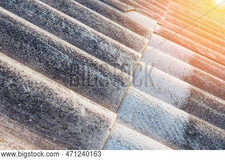 Texture Of Old Slate. Obsolete Roof Or Roof Covering Of Houses Made Of Asbestos. Background Close-up
