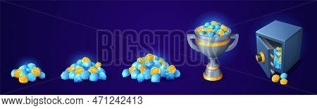 Pile Of Gold Coin And Gem For Game Bundles. Store Packages For Fantasy Market Interface. Set Of Bril