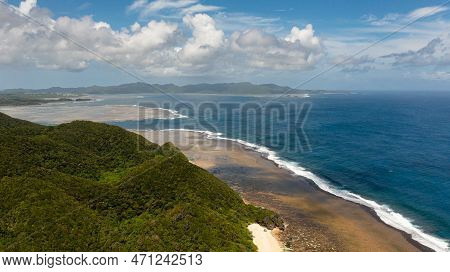 Top View Of Tropical Island Coastline And Blue Ocean. Luzon, Santa Ana, Cagayan. Philippines.