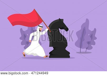 Character Flat Drawing Happy Arab Businessman Running And Holding Flag Beside Big Horse Knight Chess