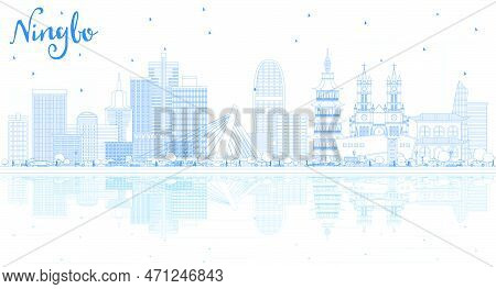 Outline Ningbo China City Skyline With Blue Buildings And Reflections. Vector Illustration. Business