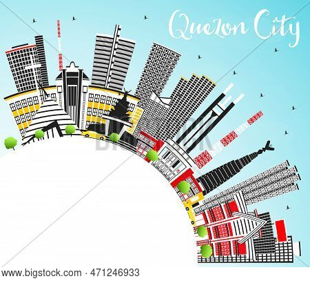 Quezon City Philippines Skyline With Gray Buildings, Blue Sky And Copy Space. Vector Illustration. B